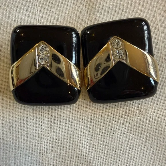 Vintage Art Deco Earrings Black Onyx and Gold Tone chevron overlay Rhinestones - Picture 4 of 7